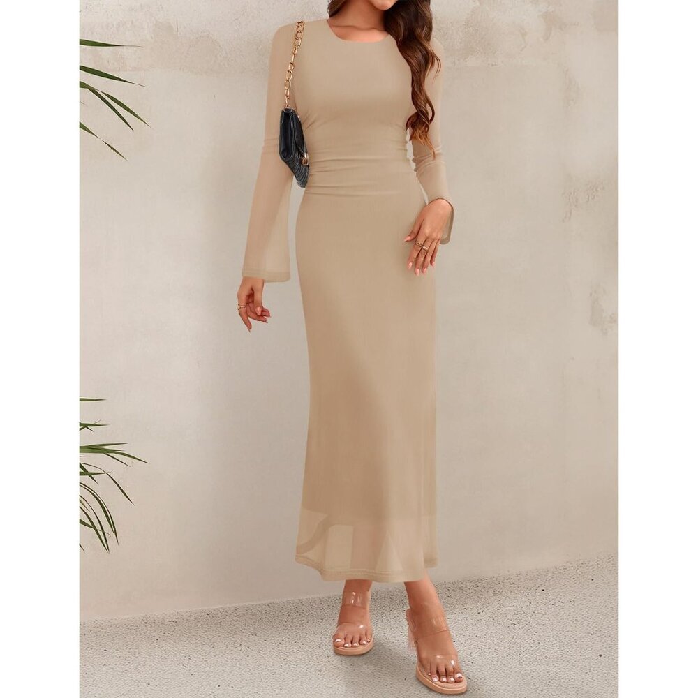 Zesica Women's Solid Apricot Ruched Mesh Long Sleeve Floral Bodycon Dress - Picture 3 of 6